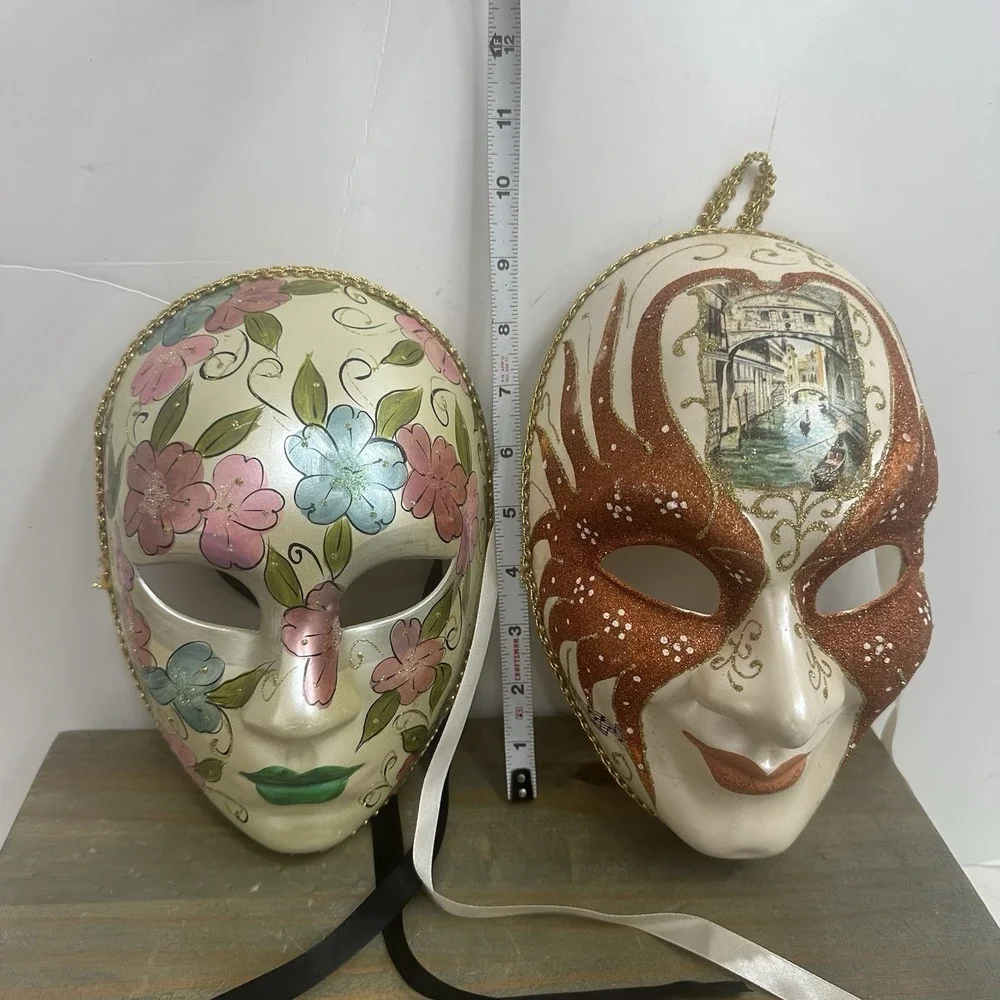 Lot Of 2 Venetian Mardi Gras Mask MASQUERADE CARNIVAL PARTY Floral Hand Painted